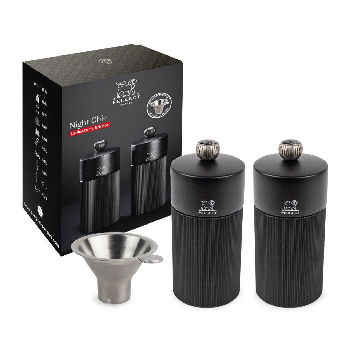 Duo de moulins à poivre et à sel Line noir mat 12 cm + entonnoir en inox